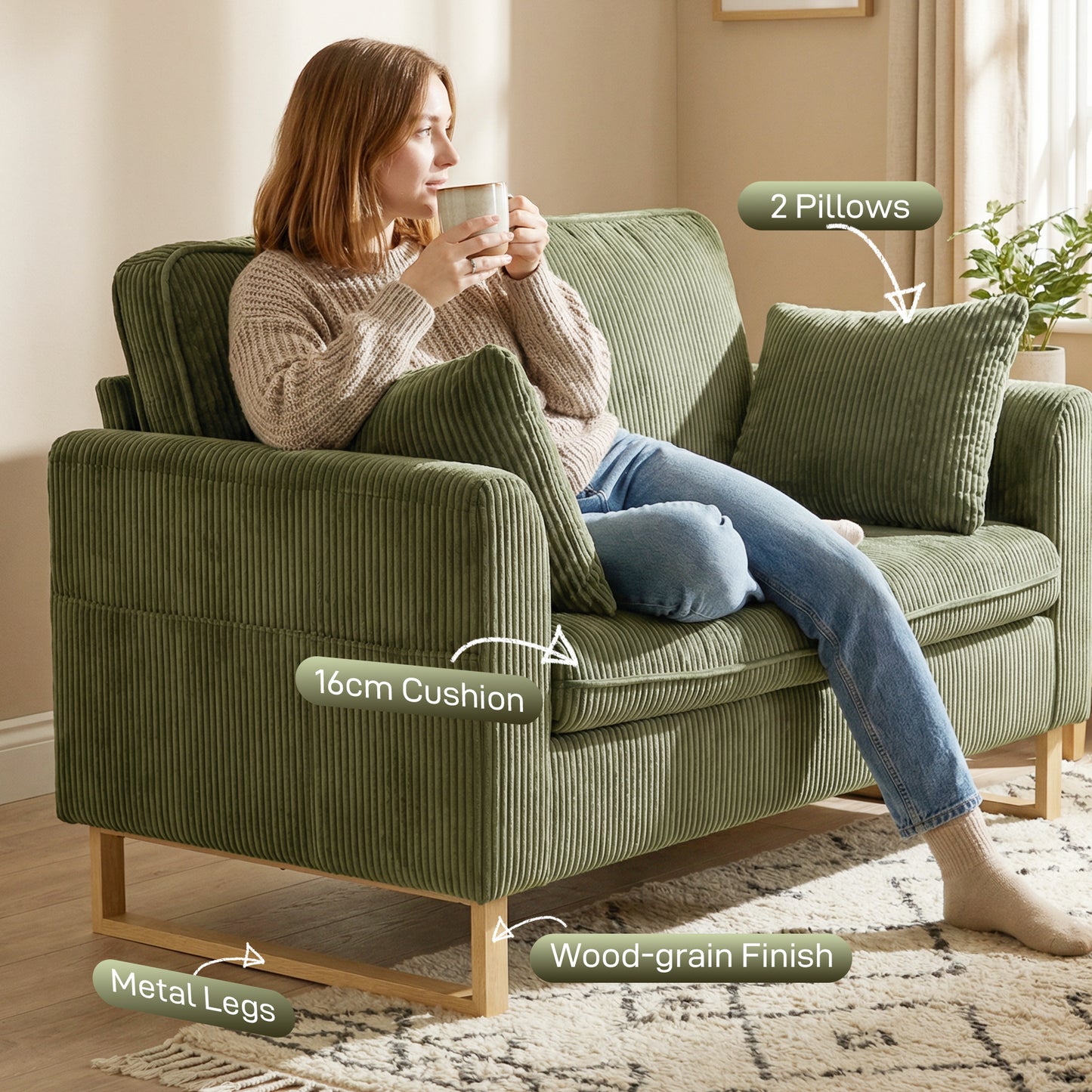 2 Seater Sofa, 140 cm Loveseat Sofa with Spring Cushions, Metal Legs, 2 Pillows, Dark Green