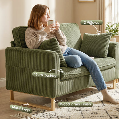 2 Seater Sofa, 140 cm Loveseat Sofa with Spring Cushions, Metal Legs, 2 Pillows, Dark Green