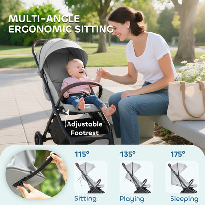Foldable Baby Stroller with Adjustable Seat, 5-Point Harness, Canopy, Basket, 6.3kg Lightweight & Compact, Light Grey