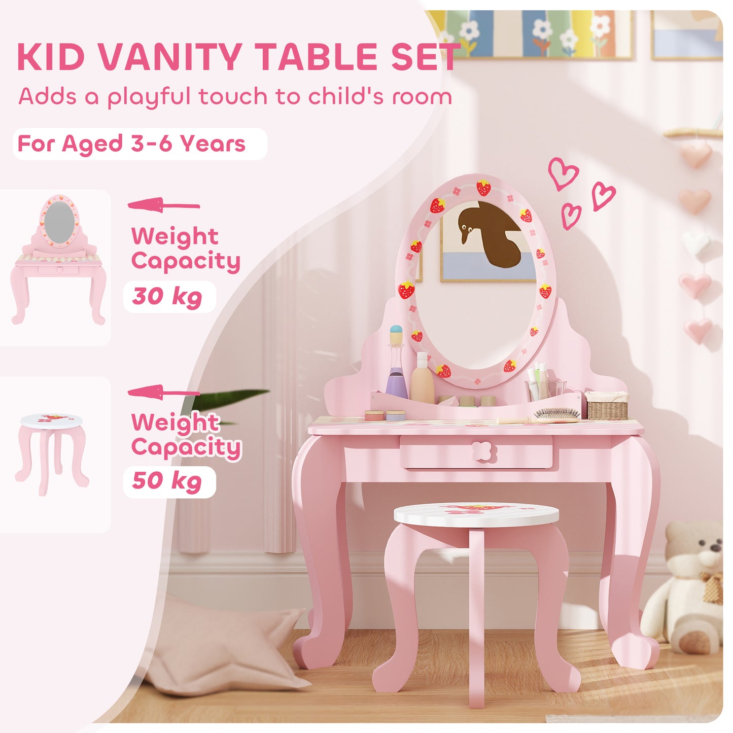 Kids Dressing Table Set, Vanity Table with Stool, Mirror, Drawer, Desktop, Storage, Strawberry-Theme, Pink