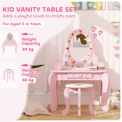 Kids Dressing Table Set, Vanity Table with Stool, Mirror, Drawer, Desktop, Storage, Strawberry-Theme, Pink