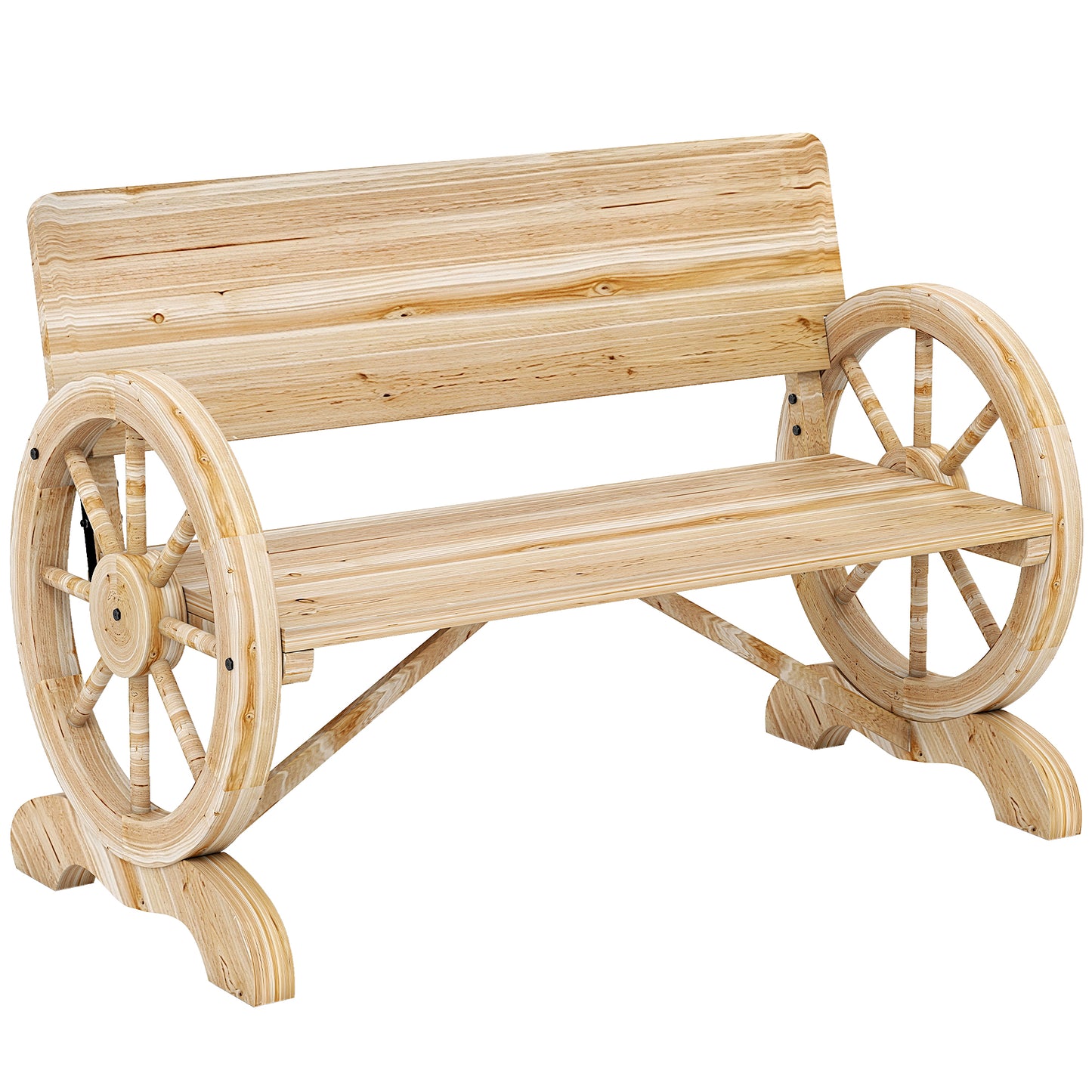 Fir Wood 2-Seater Outdoor Garden Wagon Wheel Bench, Natural Wood Finish