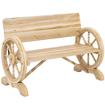 Fir Wood 2-Seater Outdoor Garden Wagon Wheel Bench, Natural Wood Finish