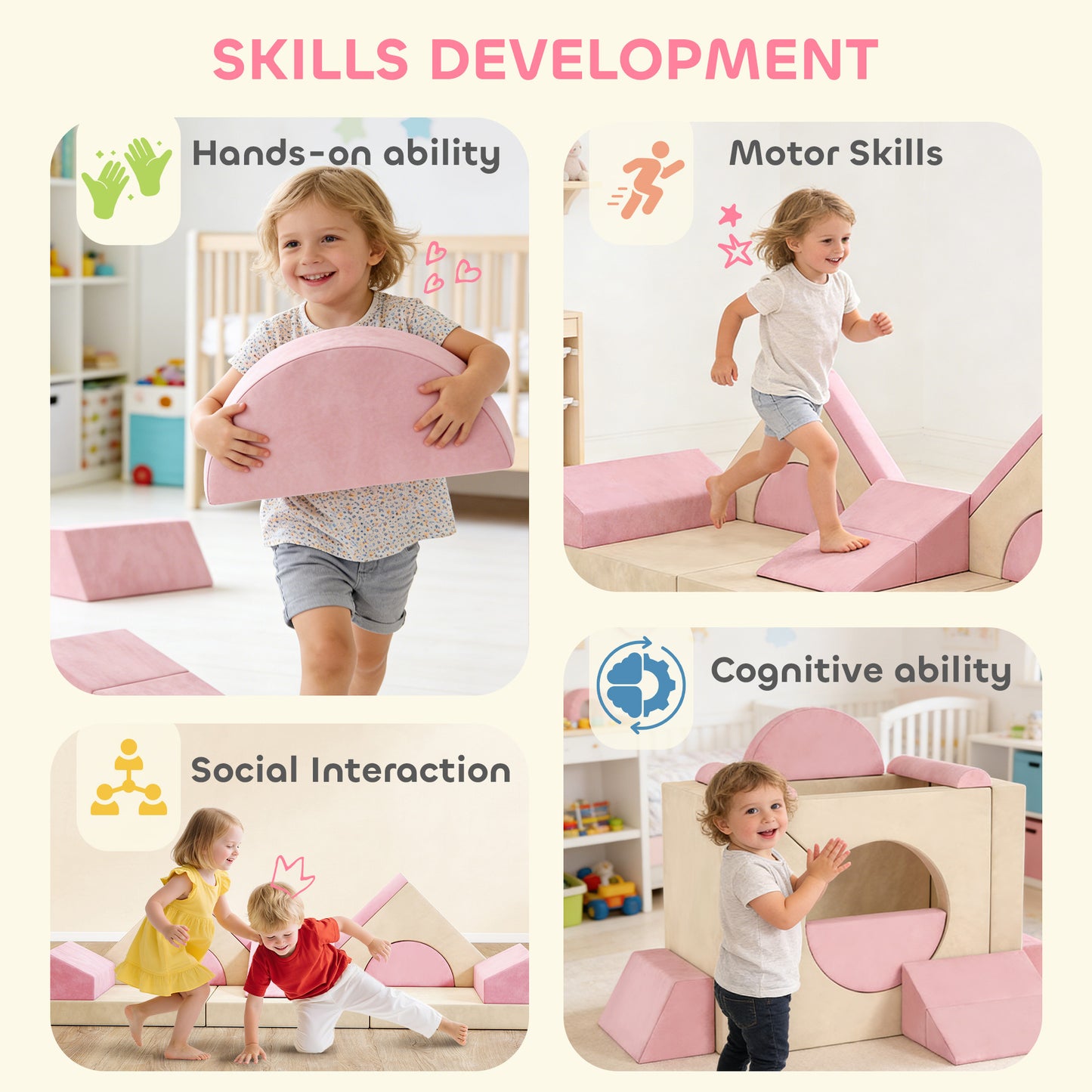 Kids Play Sofa, 12 Pieces Foam Modular Soft Play Set for Playroom, Children Convertible Sofa for Boys and Girls, Pink