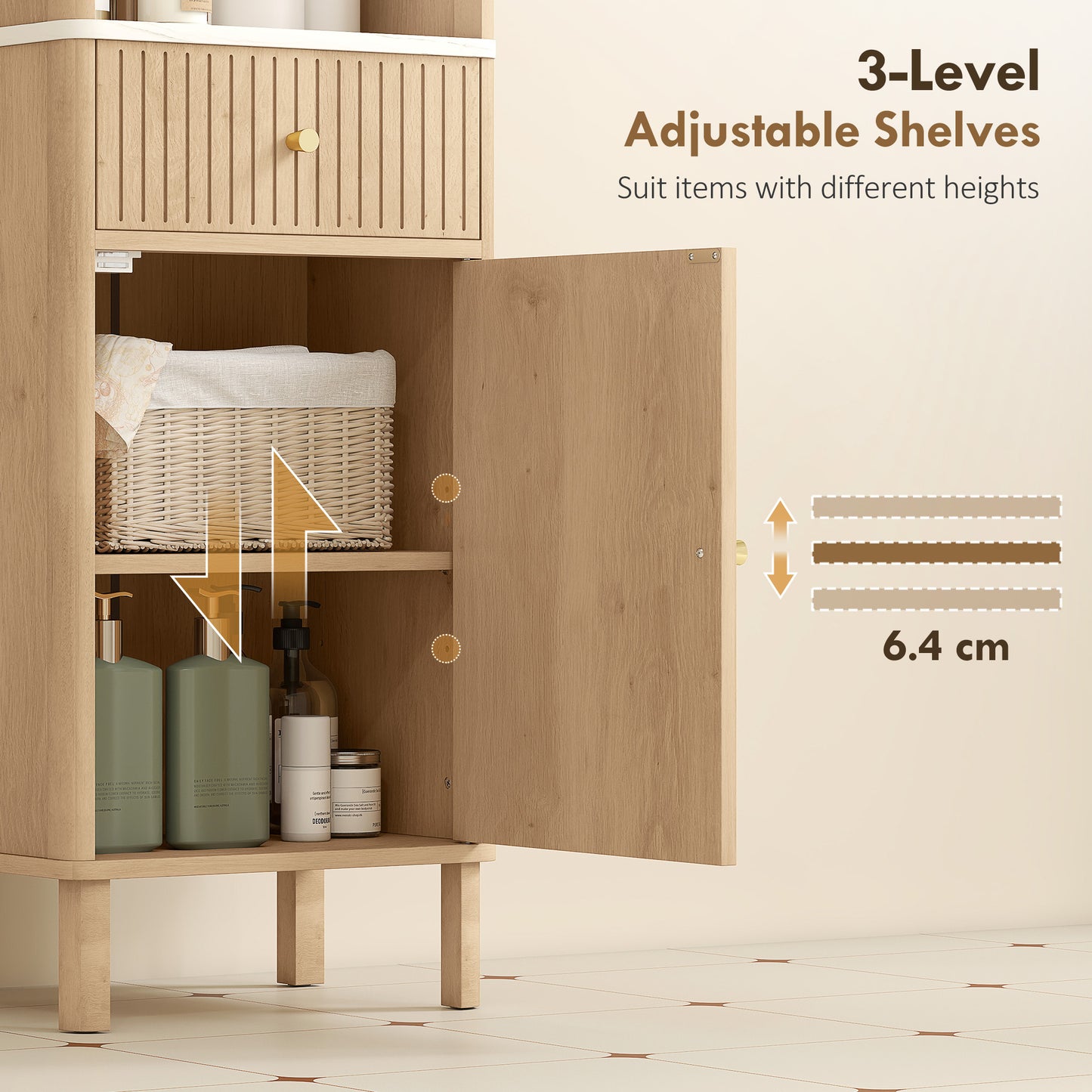 Slim Bathroom Cabinet with Silent Drawer Rail for Scandinavian, Japanese Styles - Wood-Effect