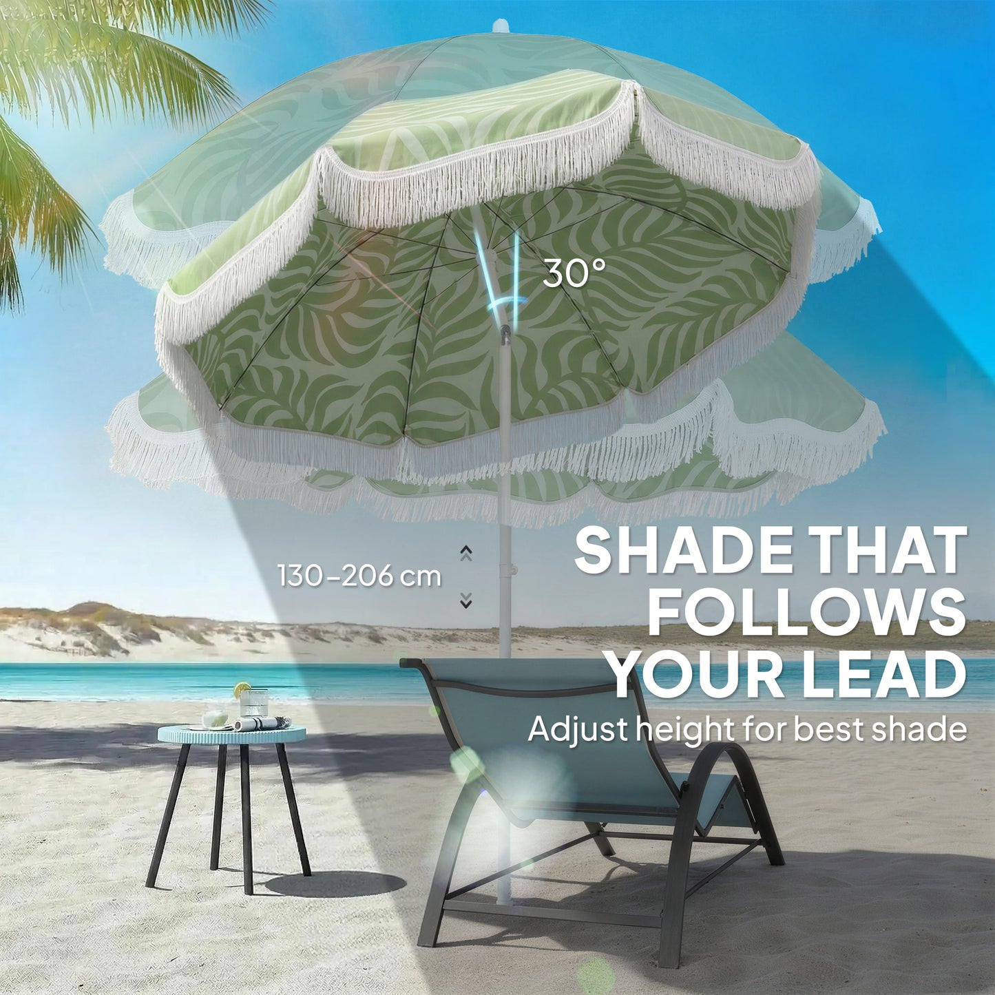 1.8 m Beach Umbrella Parasol with Sand Anchor, Portable Tilting Garden Parasol with Adjustable Height, Green