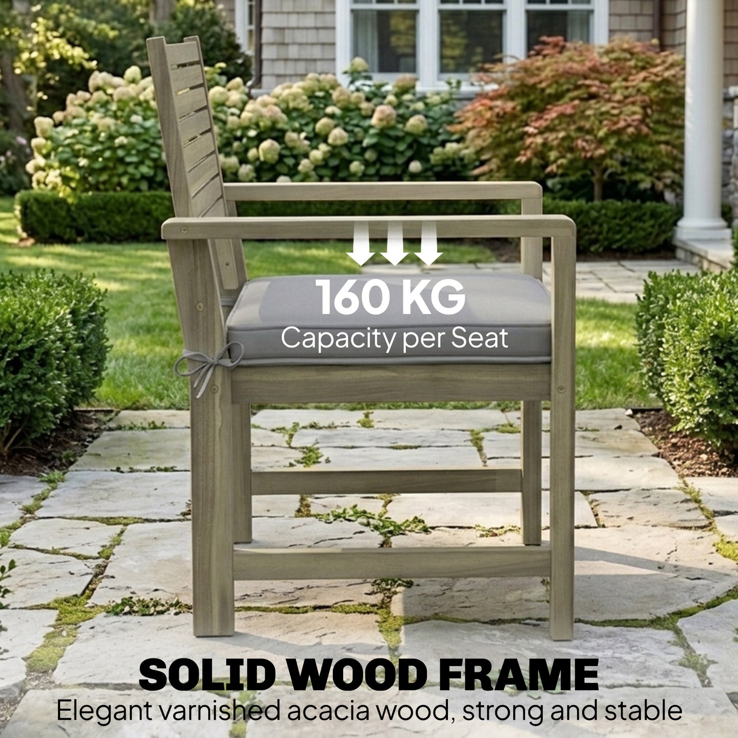 4 Seater Wooden Garden Furniture Set with Loveseat, Armchairs, Table, Acacia Wood Garden Sofa Set, Light Grey