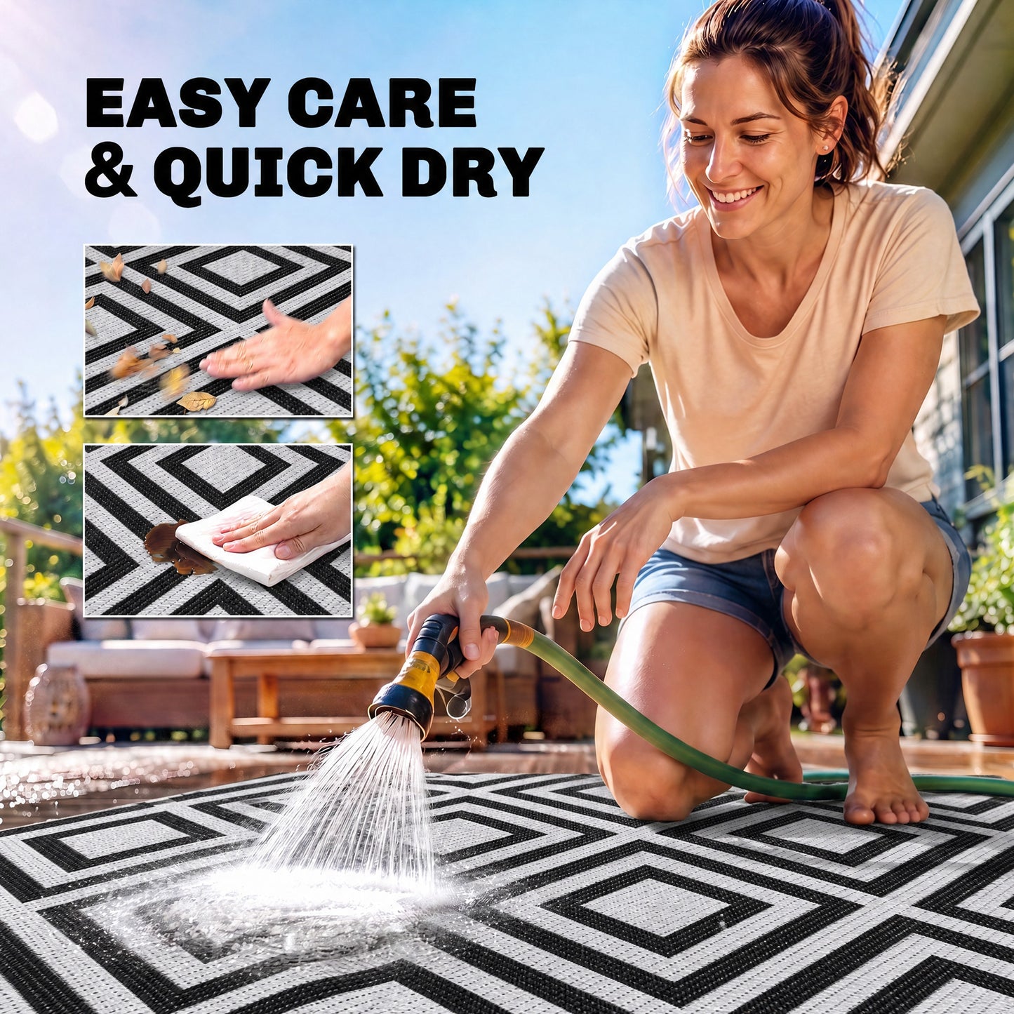 Reversible Outdoor Rug, Plastic Straw Mat w/ Carry Bag Ground Stakes for Garden RV Picnic Beach Camping 182x274cm Black