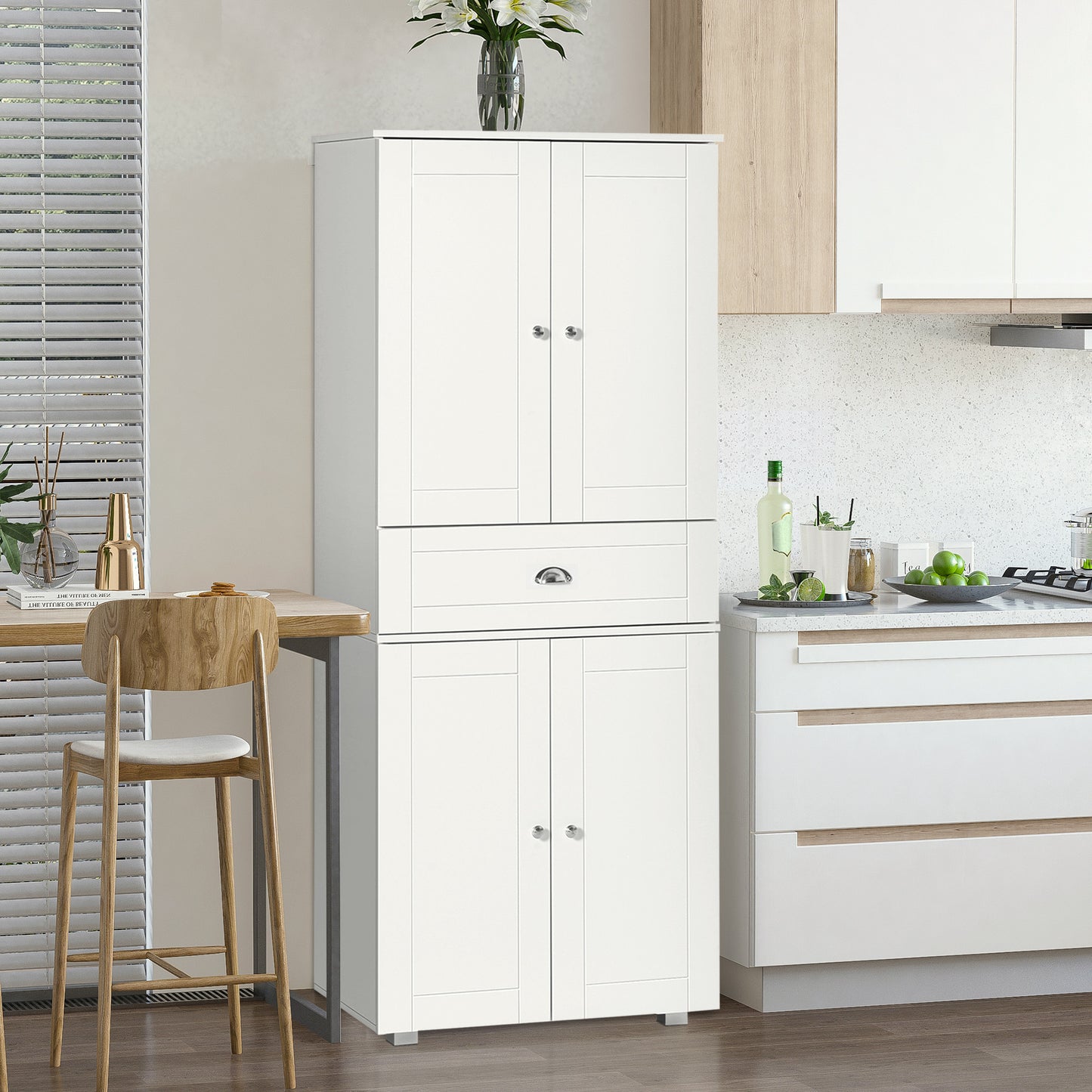 184cm Tall Kitchen Cupboard, Freestanding Kitchen Pantry Storage Cabinet with 4 Doors, 3 Adjustable Shelves, Drawer