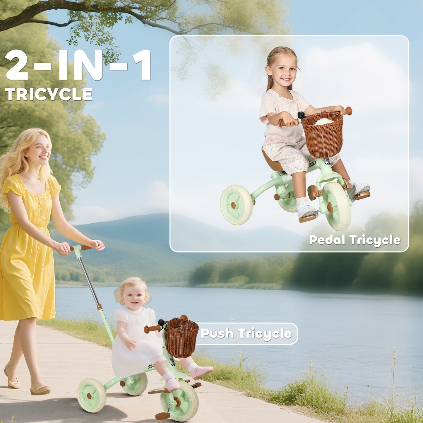 2-In-1 Toddler Trike for 2-5 Years Old, 3 Wheel Bike with Adjustable Parent Handle, Basket for Boys and Girls, Green
