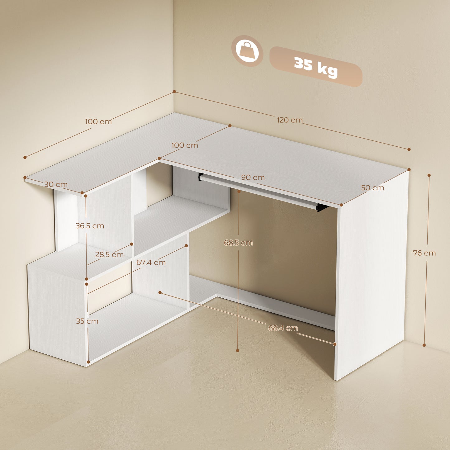 L-Shaped Corner Desk, Computer Desk with Keyboard Tray and Open Shelves, White Wood Effect