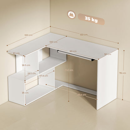L-Shaped Corner Desk, Computer Desk with Keyboard Tray and Open Shelves, White Wood Effect
