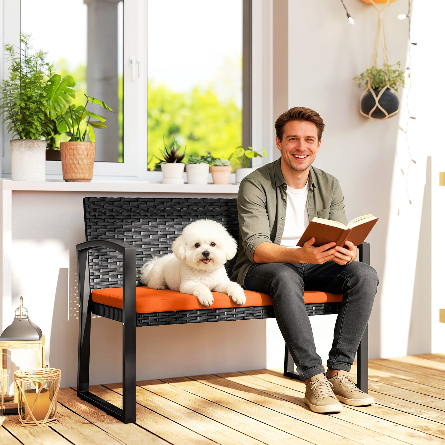 Two-Seater Rattan Garden Bench - Orange