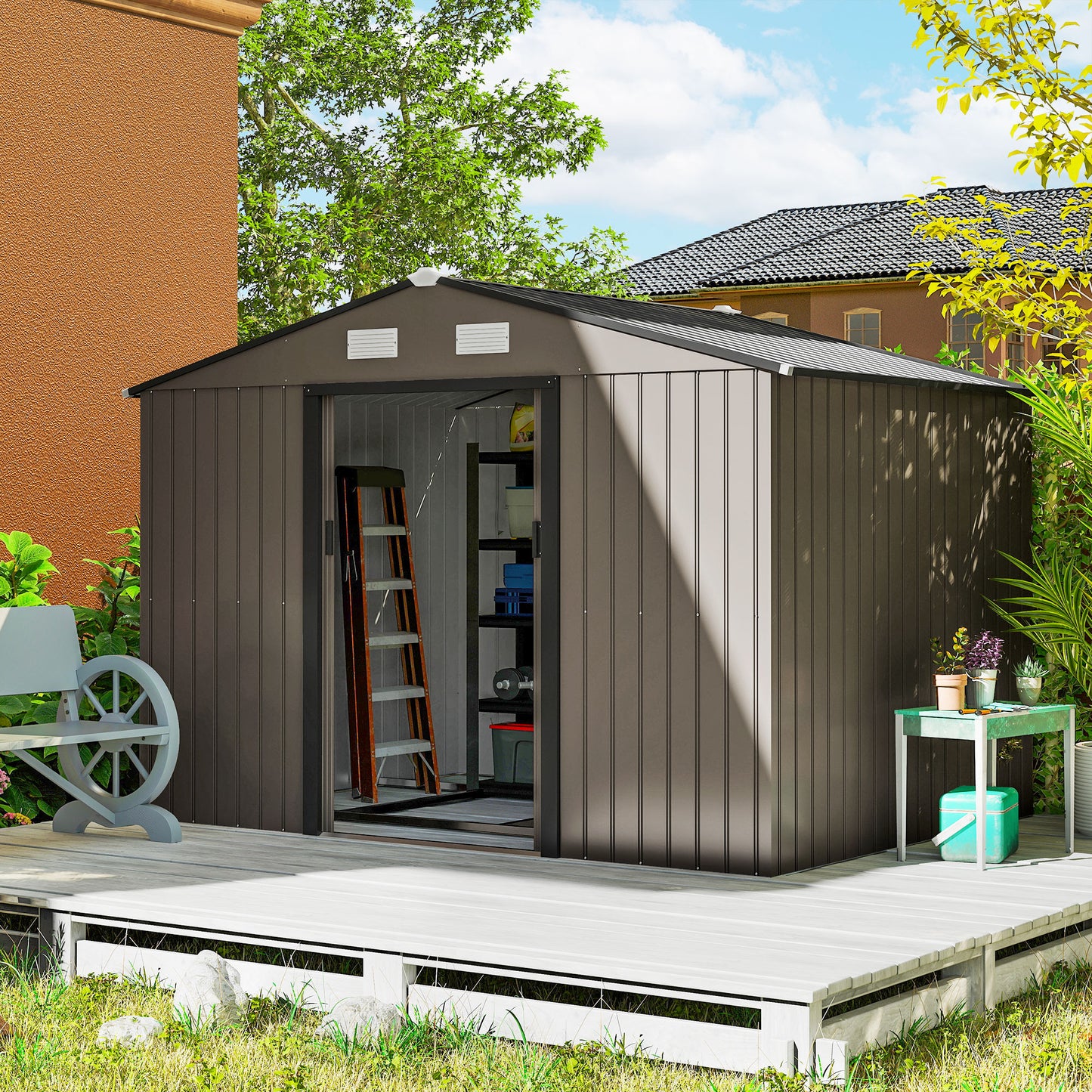 9 x 6ft Metal Garden Shed, Outdoor Storage Tool House with Ventilation Slots, Foundation Kit and Lockable Double Doors, Brown