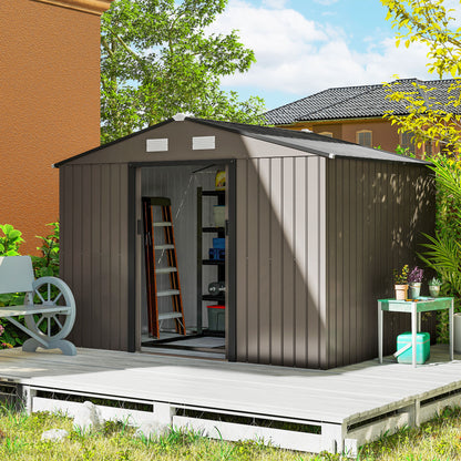 9 x 6ft Metal Garden Shed, Outdoor Storage Tool House with Ventilation Slots, Foundation Kit and Lockable Double Doors, Brown