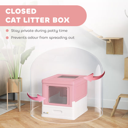 Hooded Cat Litter Box, Portable Pet Toilet, with Scoop, Front Entry - Pink