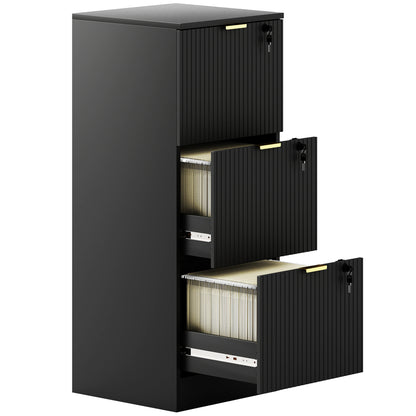 Filing Cabinet, Fluted Vertical File Cabinet with 3 Lockable Drawers and Hanging Rails, Black