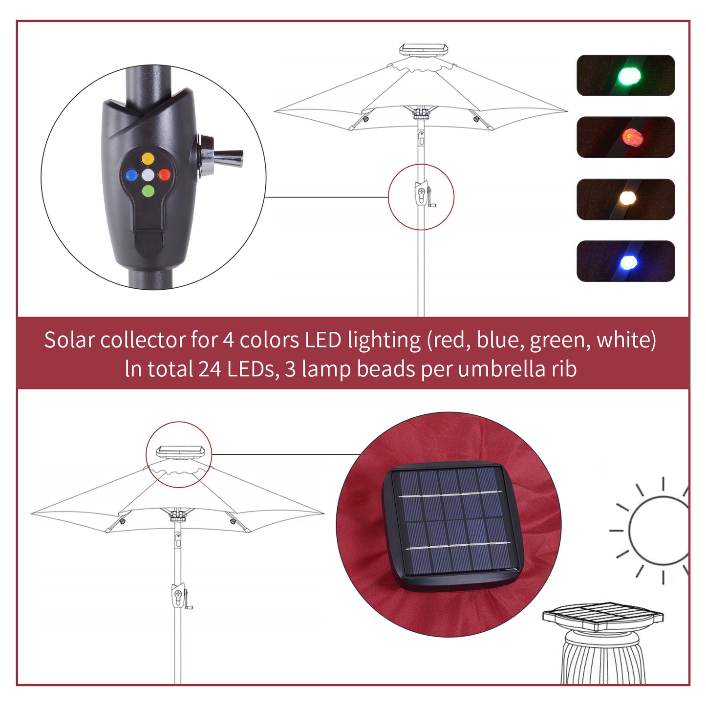 Φ2.7m Garden 24 LED Light Parasol Solar Outdoor Tilt Sun Umbrella Patio Club Party Event Manual Sun Shade w/ Hand Crank and 8