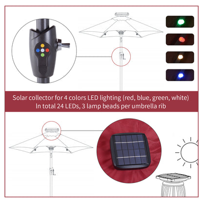 Φ2.7m Garden 24 LED Light Parasol Solar Outdoor Tilt Sun Umbrella Patio Club Party Event Manual Sun Shade w/ Hand Crank and 8
