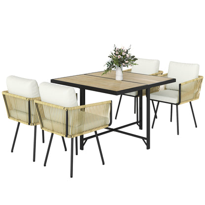 5 Piece Garden Furniture Set, Garden Dining Set with Wood-Plastic Table and 4 Armchairs, Beige