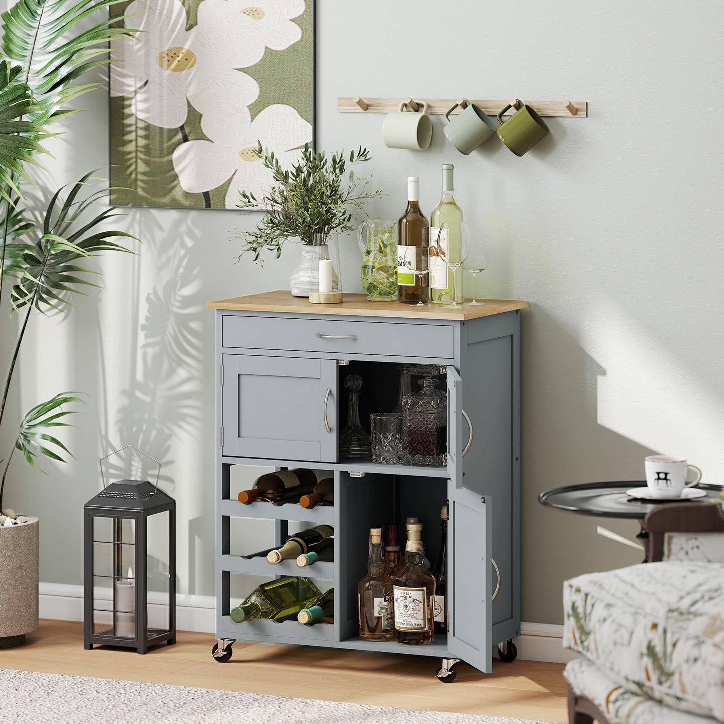Modern Kitchen Trolley, Rolling Island Storage Cart with Drawer, 9-bottle Wine Rack, Door Cabinets, Wooden Countertop, Grey