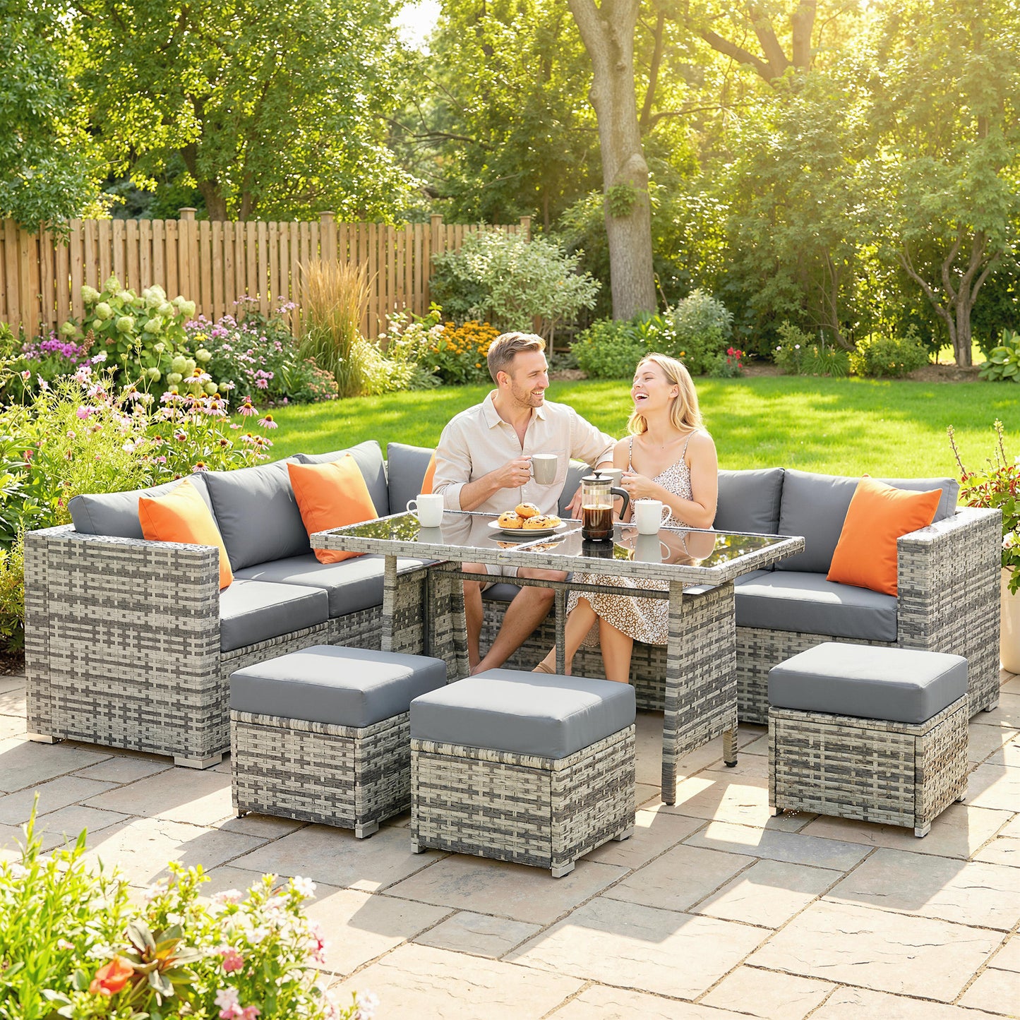 10 Piece Rattan Garden Furniture Set, 3 Corner Sofas with 3 Chairs, 3 Stools and Coffee Table, Outdoor Patio Furniture