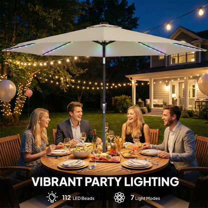 3 m Garden Parasol Umbrella with 112 Solar Powered LED Lights, Patio Umbrella with Crank Handle, Beige