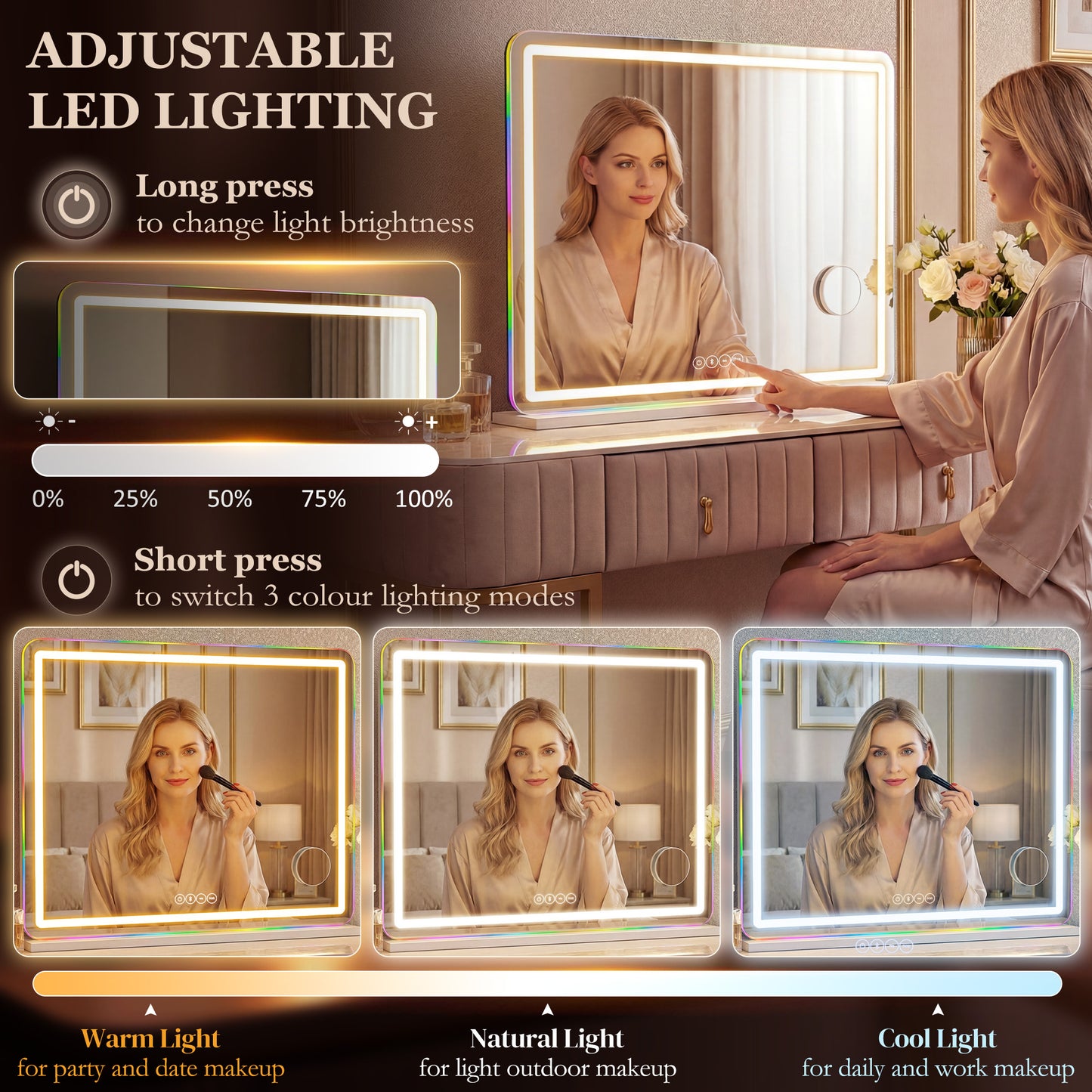 Vanity Mirror with Lights, Dimmable Makeup Mirror with Adjustable Colour Temperature, RGB Light, Bluetooth Speaker White