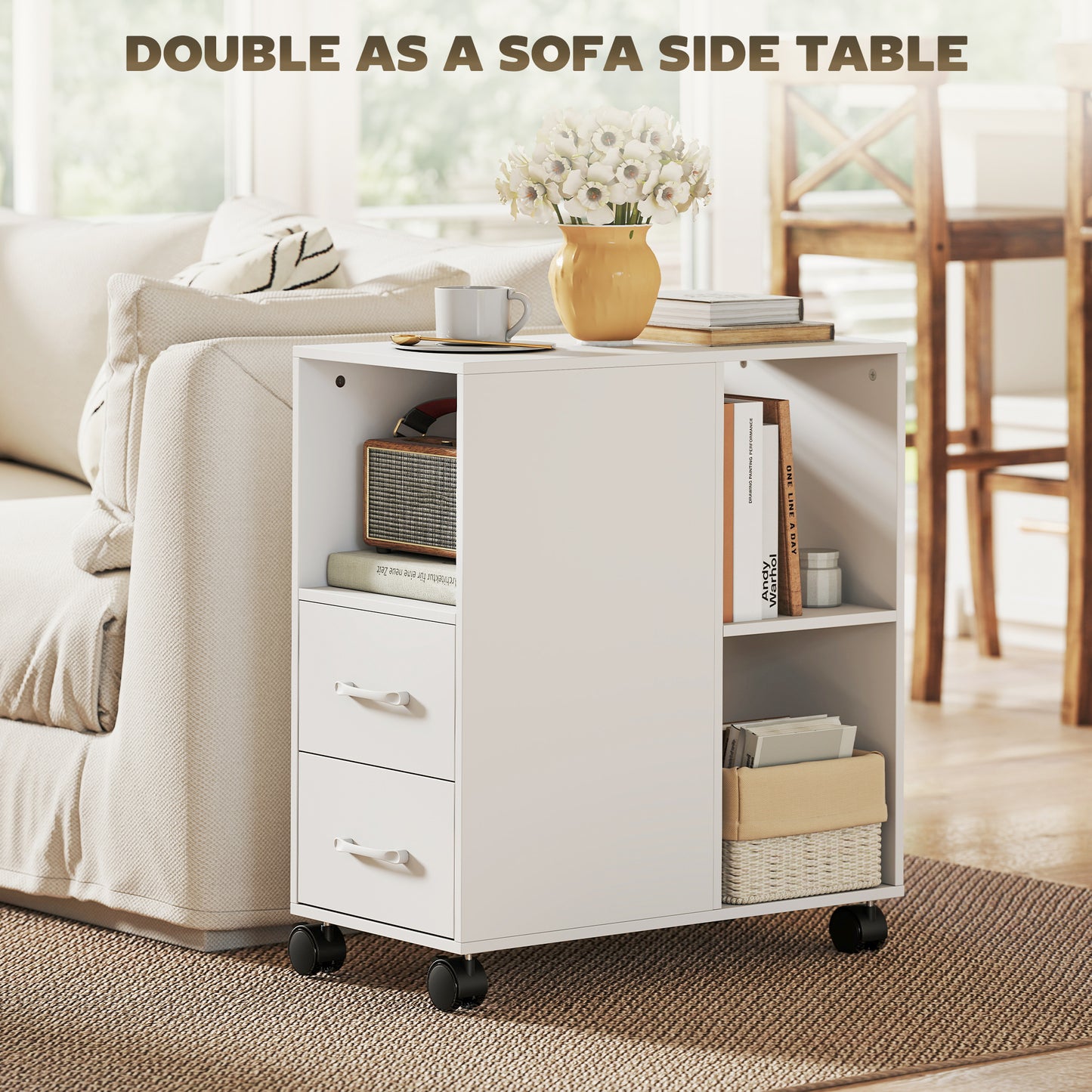 Narrow Mobile Printer Table with Wheels, Rolling Printer Stand with Drawers for Home Office, 30 x 60 x 65 cm, White