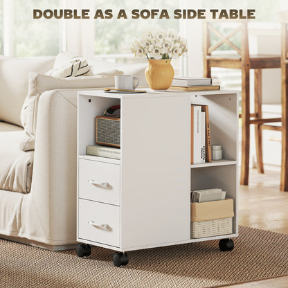 Narrow Mobile Printer Table with Wheels, Rolling Printer Stand with Drawers for Home Office, 30 x 60 x 65 cm, White
