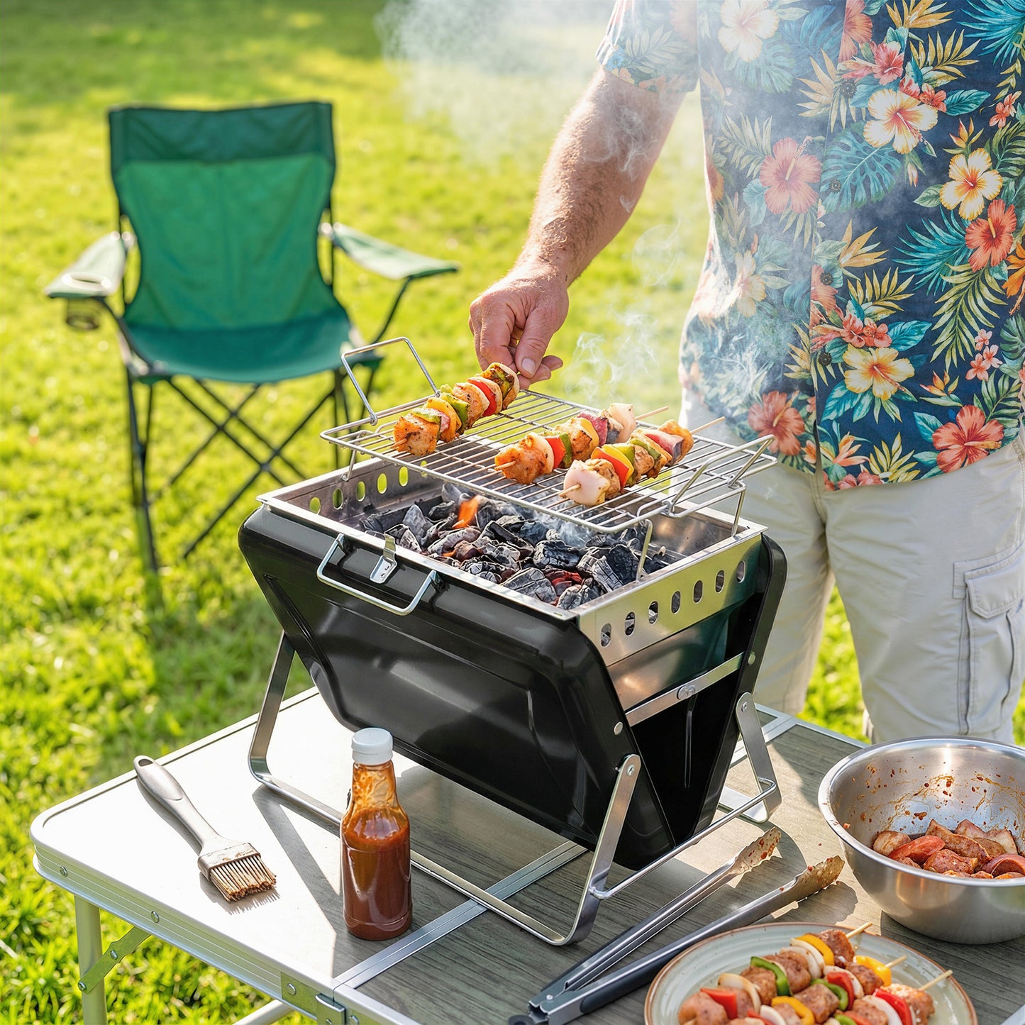 Charcoal BBQ Grill Portable Stainless Steel Barbecue with Tilting Grate for Camping Picnic Garden Black