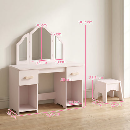Kids Dressing Table, Kids Vanity Table and Chair Set with Tri-Folding Mirror, 2 Drawers, 2 Cabinets for Girls 3+, Pink