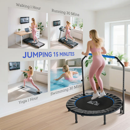 48" Foldable Mini Fitness Trampoline, with Adjustable Foam Handle, Blue