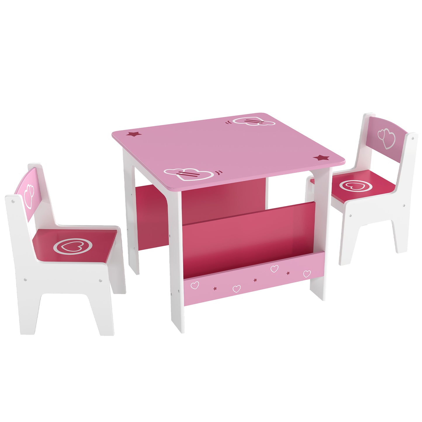 3 Pieces Kids Table and Chair Set, Toddler Activity Table with Bookshelves, for Living Room, Nursery, Playroom, Pink