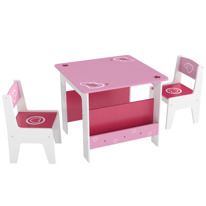 3 Pieces Kids Table and Chair Set, Toddler Activity Table with Bookshelves, for Living Room, Nursery, Playroom, Pink
