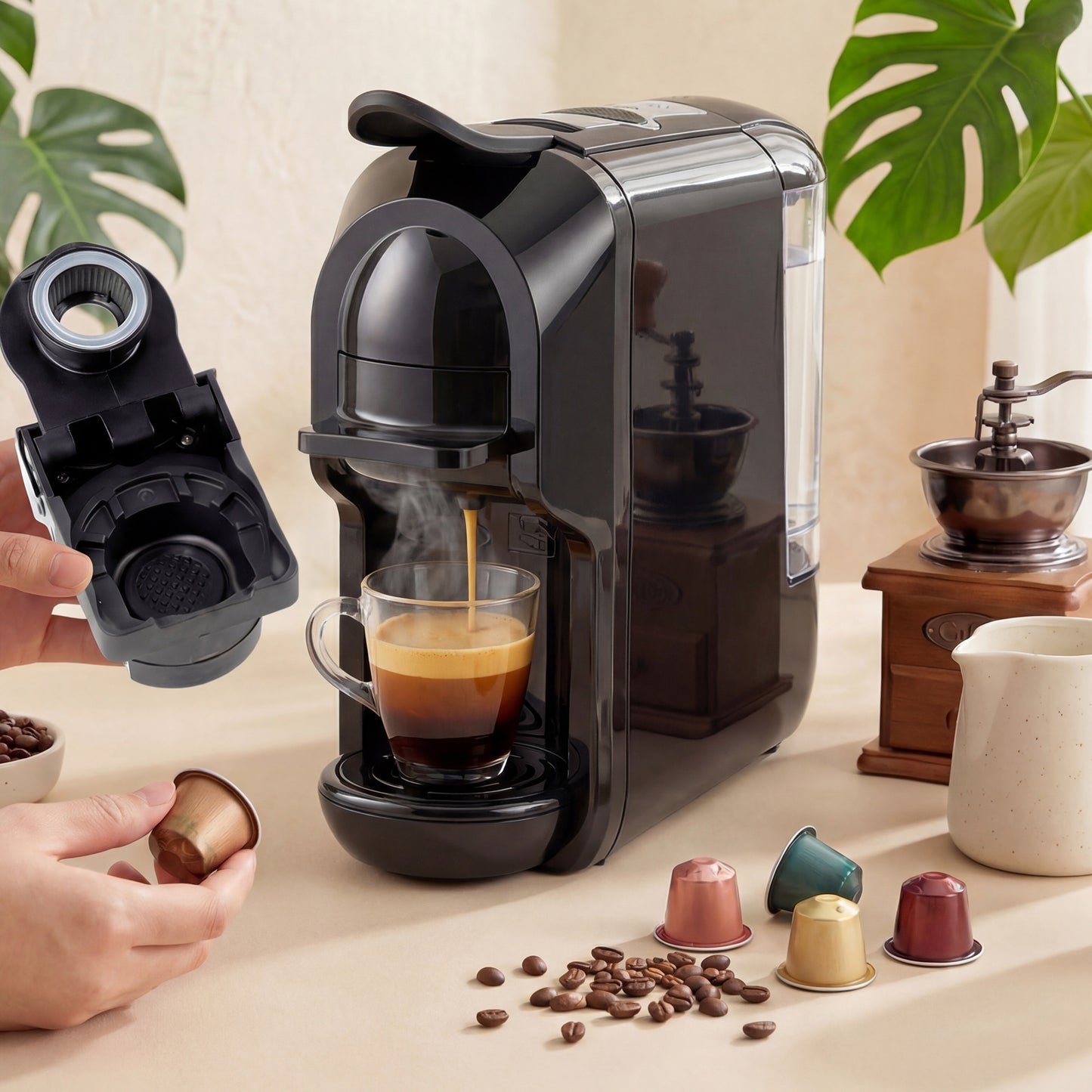 Pod Coffee Machine for Nespresso, Dolce Gusto Capsule & Ground Coffee, Small Semi Automatic Coffee Maker, 19 Bar, 0.6L