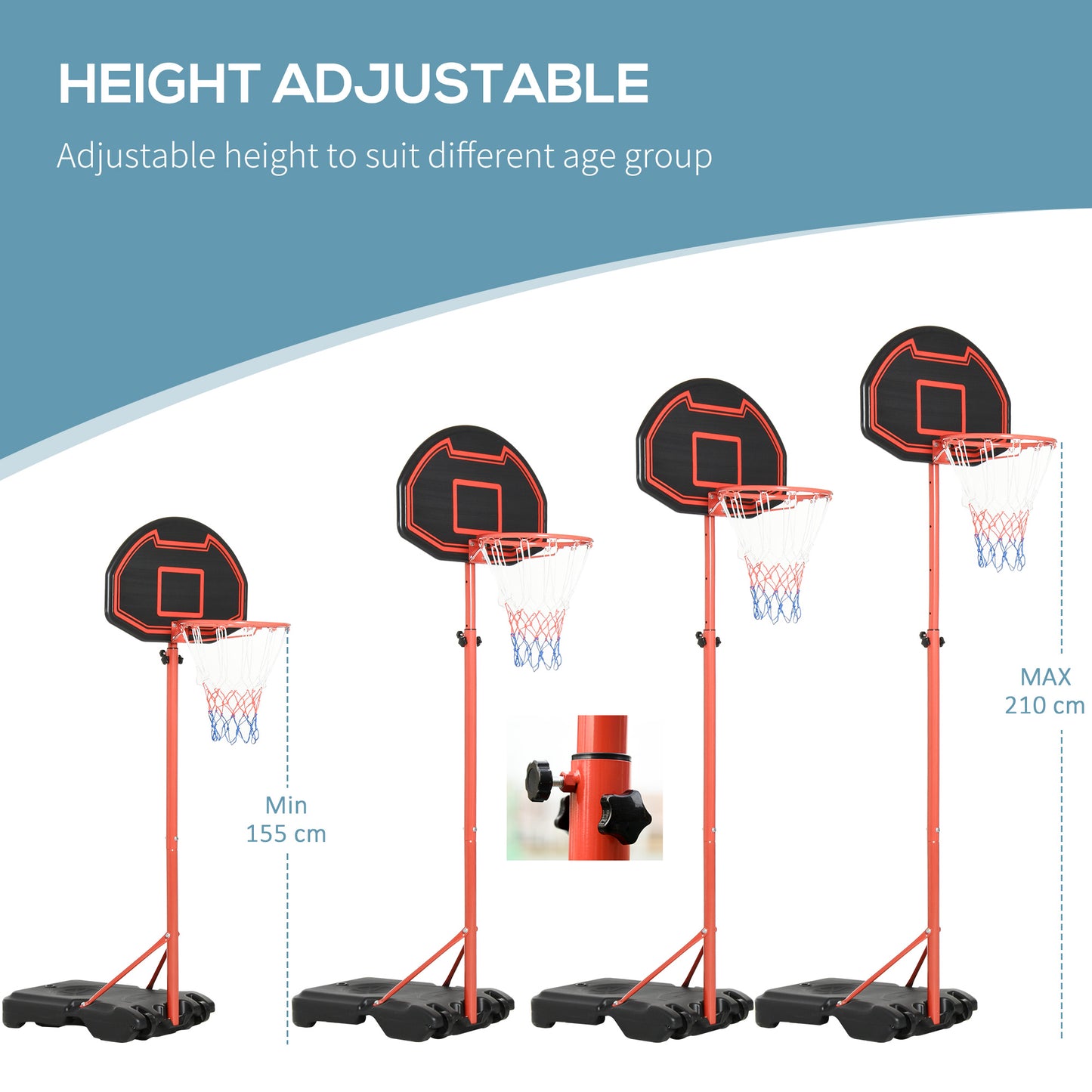 Basketball Hoop Outdoor, Portable Basketball Hoop and Stand with Weighted Base, Portable on Wheels, 1.55-2.1m, for Teens