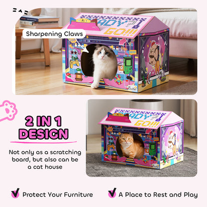 2 in 1 Gaming Style Cardboard Cat House with Scratching Board & Catnip for Indoor Cats, Pink