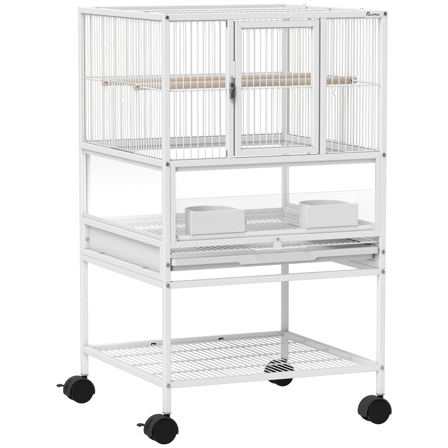 Bird Cage with Rolling Stand, Acrylic Viewing Panels, Storage Shelf, for Budgie, Parakeet, 48 x 46 x 83 cm