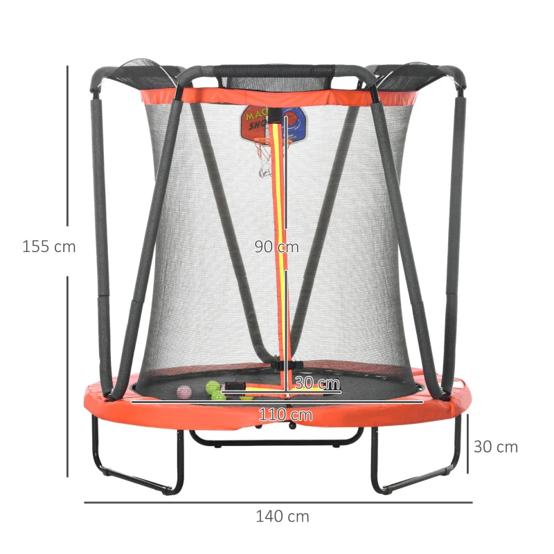 4.6ft - Kids Basketball Trampoline with Safety Enclosure and Hoop / Net - Orange