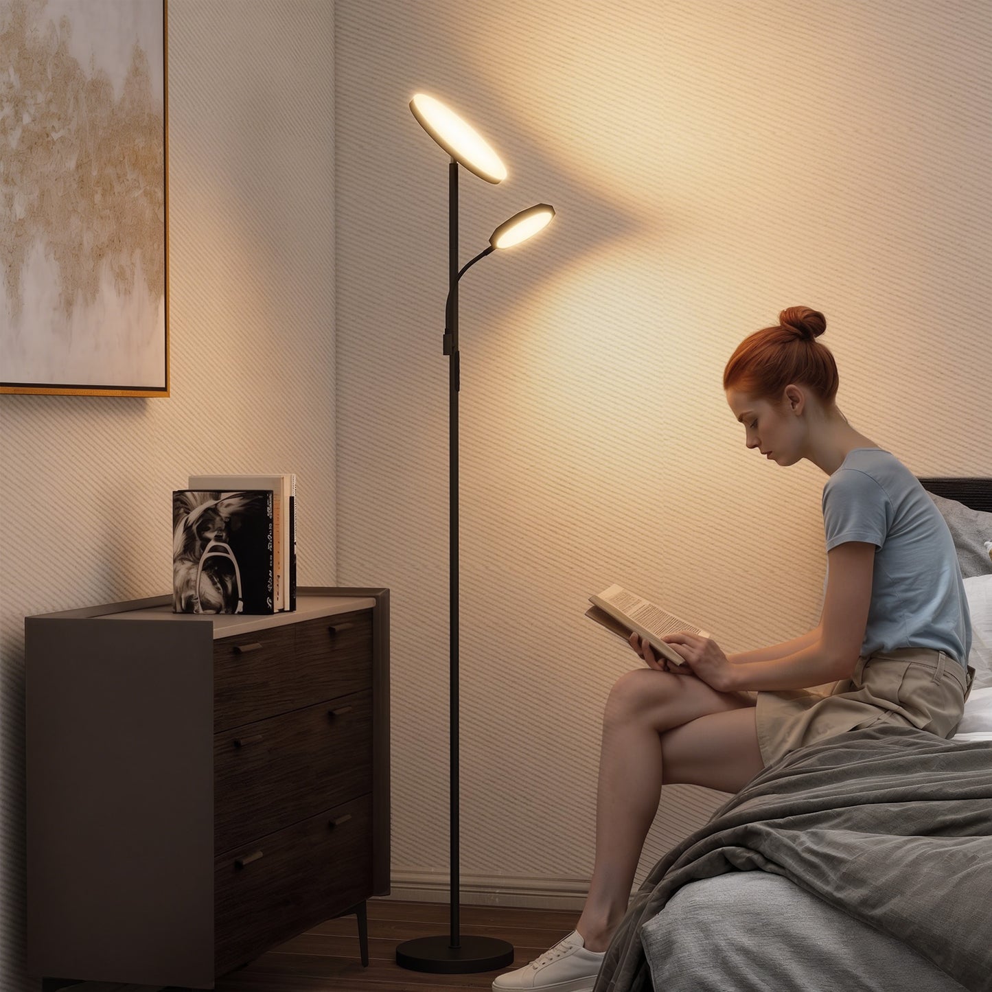 LED Floor Lamp for Living Room, Stepless Dimmable Standing Lamp, Mother and Child Uplighter with Reading Light