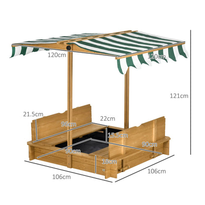 Kids Square Wooden Sandpit with 2 Benches and Adjustable Canopy - Green