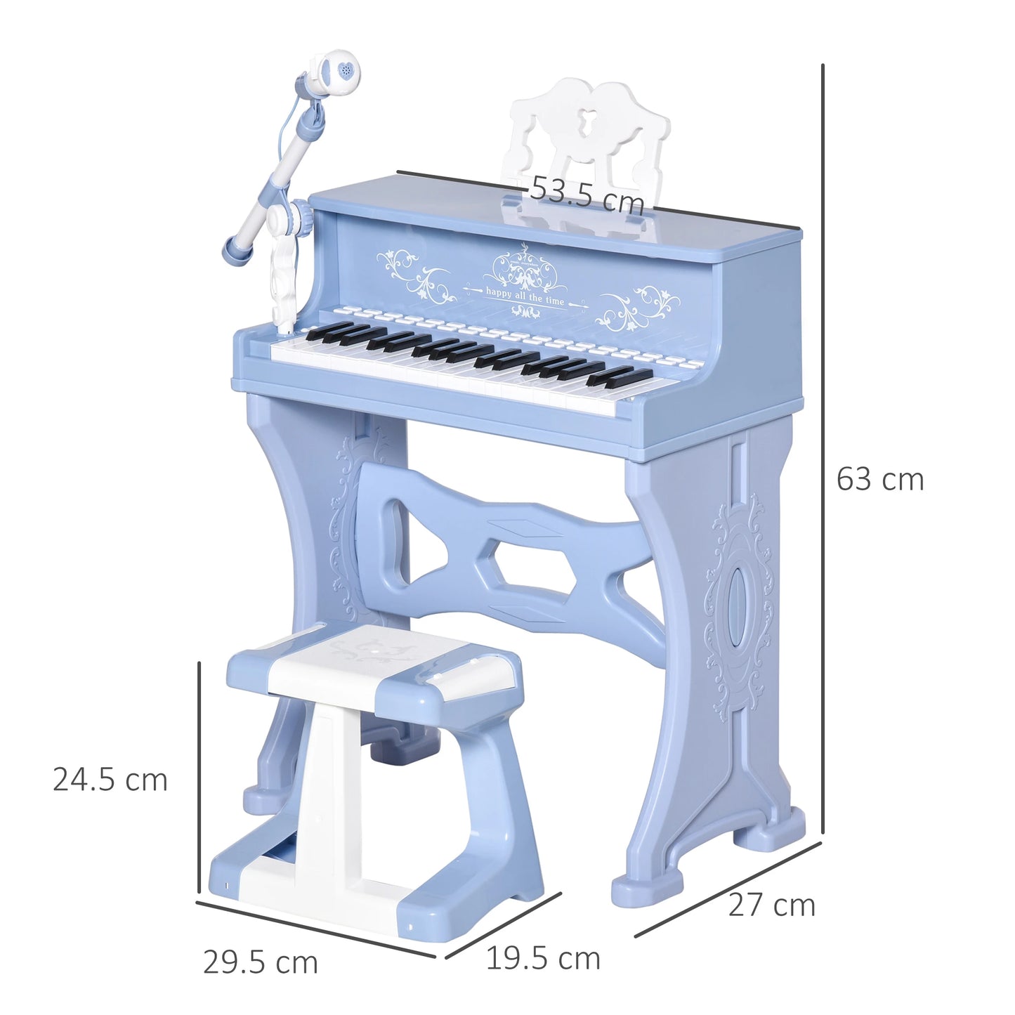 37 Key Kids Piano / Electric Keyboard with Stool and Microphone - Blue