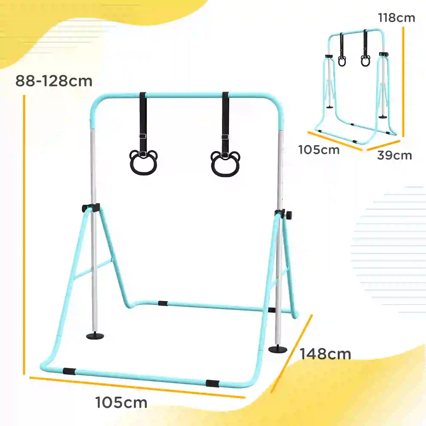 Adjustable Height Gymnastics Bar with Gymnastic Rings Attachment Included - For Kids - Green