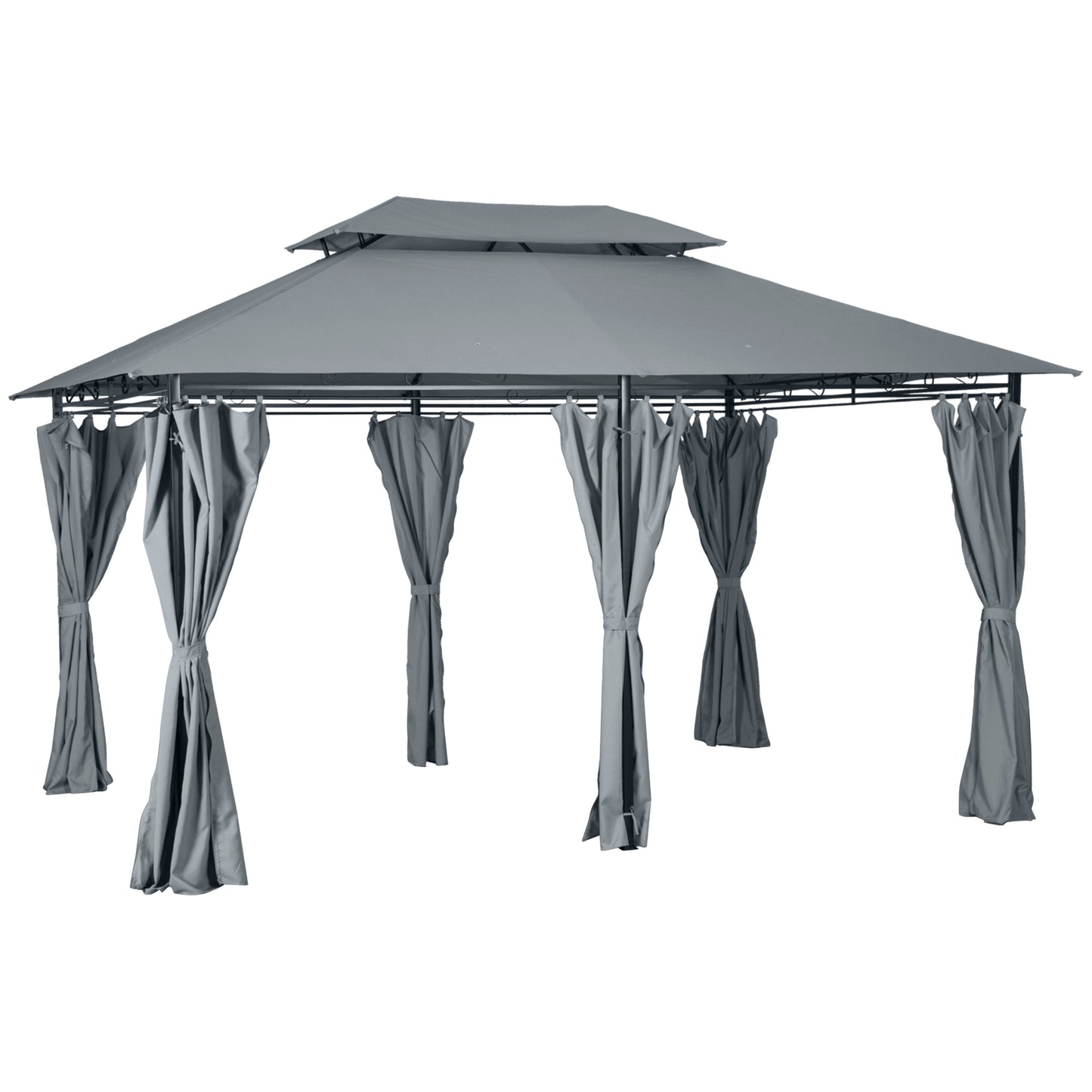 4m x 3(m)Garden Gazebo, Double Roof Outdoor Gazebo Canopy Shelter with Curtains, Solid Steel Frame for Lawn and Deck, Grey