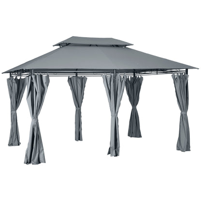 4m x 3(m)Garden Gazebo, Double Roof Outdoor Gazebo Canopy Shelter with Curtains, Solid Steel Frame for Lawn and Deck, Grey