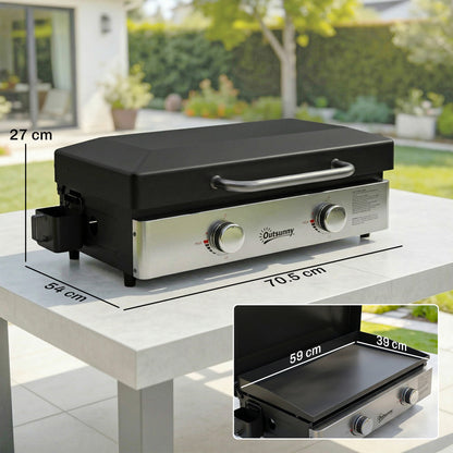 2 Burner Grill Griddle, Portable Gas Plancha, 6 kW, Tabletop Gas BBQ with Grease Cup for Camping Picnic Patios, Black