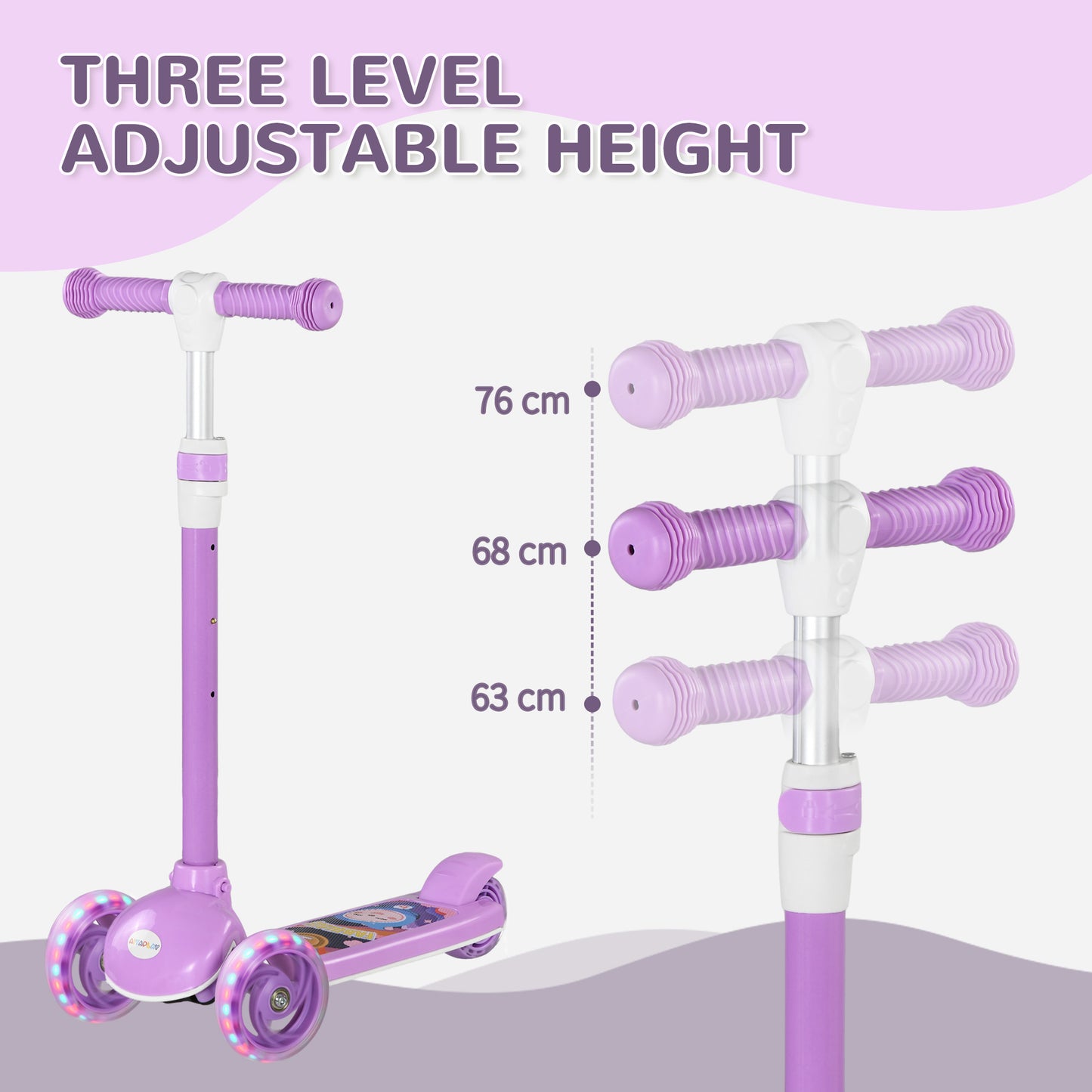 Kids 3 Wheel Scooter for 2-6 Years Old w/ Adjustable Height, LED Light, TPE Handlebar, Purple