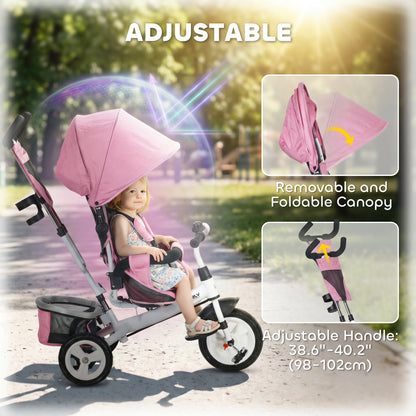 6 in 1 Kids Trike with Parent Handle, Canopy, 5-point Seat Belt, Storage, Footrest, Brake, for 1-5 Years, Pink