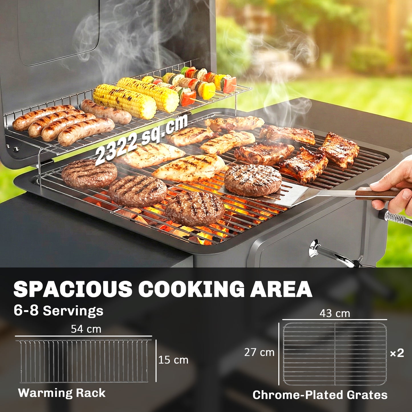 Charcoal BBQ Grill with Adjustable Charcoal Pan, Large Barbecue Grill Smoker with Side Tables, Temperature for Outdoor